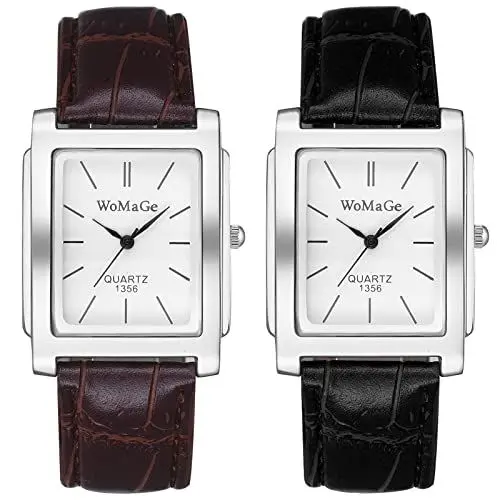 Produktbild: JewelryWe 2pcs Herrenuhr Analog Quarz Armbanduhr Herren Klassische Retro Rechteckig Business Beiläufige Uhr mit Leder Armband Schwarz Braun