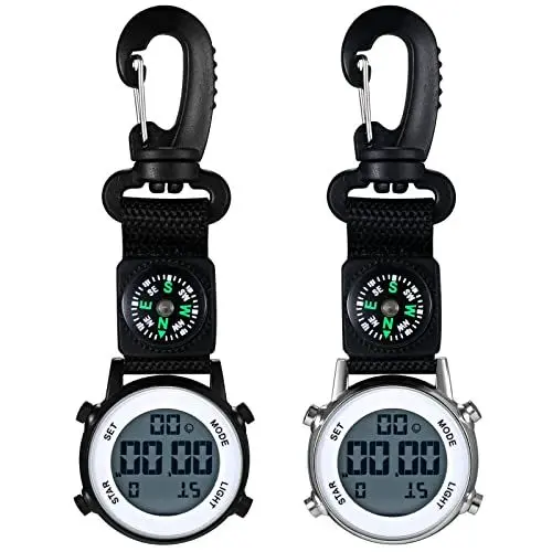 Produktbild: JewelryWe 2pcs Karabineruhr Digital Clip on Quarzuhr Karabiner Taschenuhr mit Leuchtendem Zifferblatt Kalender Wecker Kompass, FOB Uhr für Ärzte Krankenschwestern Sanitäter Köche Sport Unisex