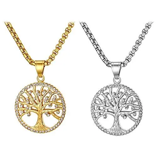 Produktbild: JewelryWe 2pcs Lebensbaum Kette, Edelstahl Strass Baum des Lebens Anhänger Halskette Charme Geschenk für Herren Damen, Silber Gold