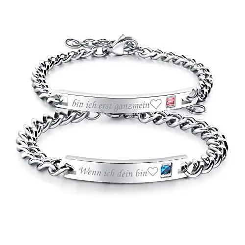 Produktbild: JewelryWe Paar Armband Panzerkette Partnerarmband: 2pcs Freundschaftsarmband Edelstahl Zirkonia Armkette Armreif mit Gravur Wenn ich Dein Bin & Bin ich erst ganzmein Geschenk für sie und ihn
