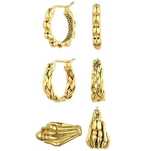 Produktbild: JewelryWe Halloween Creolen Ohrringe Gold: 3 Paar Edelstahl Geflochten Totenkopf Schädel Skelett Hand Klappcreolen Huggie Ohrringe Set Gothic Punk Ohrstecker Ohrschmuck für Herren Damen Unisex