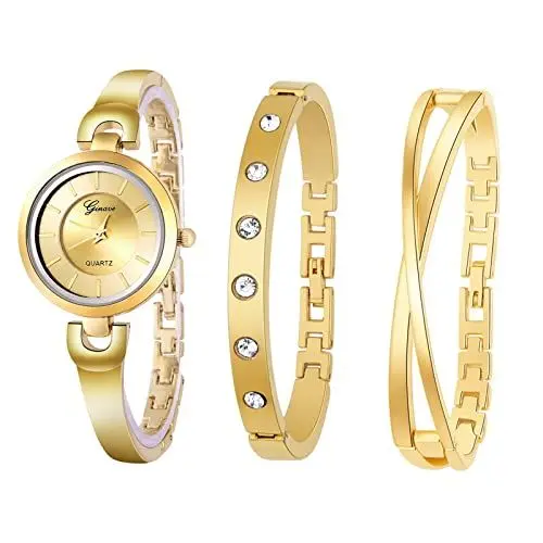 Produktbild: JewelryWe 3pcs Damenuhr Armreif Set Damen Einfach Metallarmband Analog Quarz Uhr Strass Infinity Unendlichkeit Zeichen Armband Schmuckset Geschenke für Frauen Gold