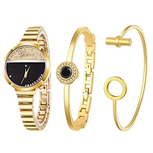 Produktbild: JewelryWe 3pcs Damenuhr Armreif Set Damen Strass Treibsand Zifferblatt Metallarmband Analog Quarz Uhr Rund Kreis Armband Schmuckset Geschenke für Frauen Gold