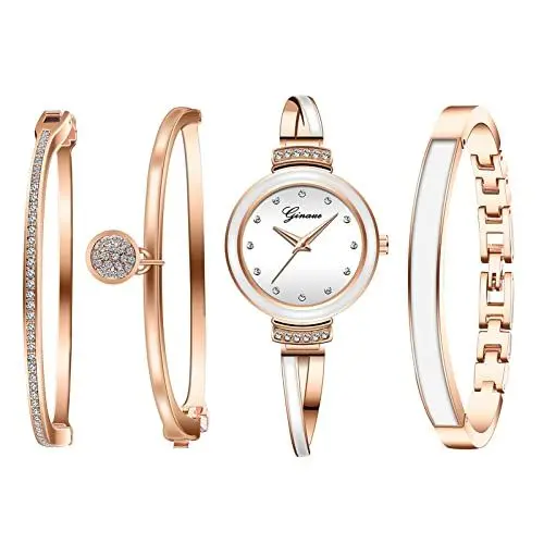 Produktbild: JewelryWe 4pcs Damenuhr Armreif Set Damen Strass Metallarmband Analog Quarz Uhr Kristall Armband Schmuckset Geschenke für Frauen, Rosegold Weiß