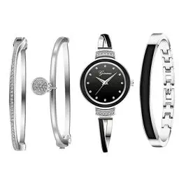 Produktbild: JewelryWe 4pcs Damenuhr Armreif Set Damen Strass Metallarmband Analog Quarz Uhr Kristall Armband Schmuckset Geschenke für Frauen, Silber Schwarz