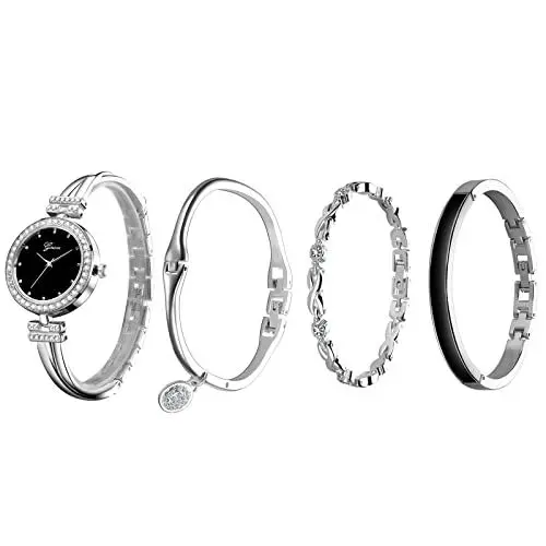 Produktbild: JewelryWe 4pcs Damenuhr Armreif Set Damen Strass Metallarmband Analog Quarz Uhr Kristall Infinity Unendlichkeit Zeichen Armband Schmuckset Geschenke für Frauen, Silber