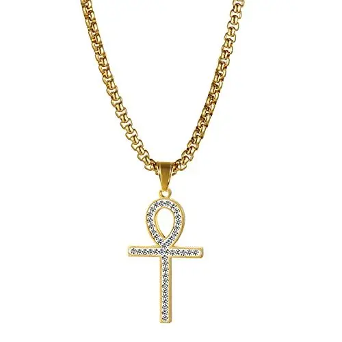 Produktbild: JewelryWe Ankh Kreuz Halskette Herren: Gold Edelstahl Ägypten Anch o. Ankh Kreuz Anhänger Kette mit Zirkonia Ägyptisches Symbol Amulett Schmuck Geschenk für Männer Frauen