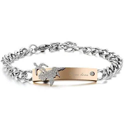 Produktbild: JewelryWe Armband Damen Edelstahl Panzerkette: Cupid Engel Amors Pfeil Armkette Freundschaftsarmband mit Gravur True Love Lieben Geschenk für Frauen Gold Silber