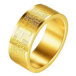 Produktbild: JewelryWe Bibel Gebet Kreuz Ring: 8mm Gold Edelstahl Herren-Ring Damen-Ring Englisch Vaterunser Kreuz Fingerring Band Bandring Religiöse Schmuck Geschenk für Herren Damen Größe 74