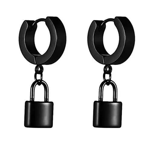 Produktbild: JewelryWe Creolen Ohrringe mit Schloss Anhänger: Schwarz Edelstahl Huggie Creolen mit Baumelnde Sperren Unisex Gothic Hängende Ohrringe Ohrstecker Ohrhänger Punk Schmuck Geschenk für Damen Herren