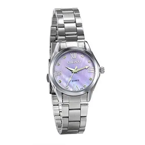 Produktbild: JewelryWe Damen Armbanduhr Analog Quarz Silber Ton Edelstahl Armband Elegant Business Casual Uhr mit Lila Muschel Strass Römischen Ziffern Zifferblatt