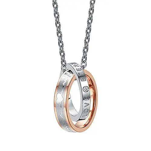 Produktbild: JewelryWe Damen Halskette Herzschlag Ringe: Edelstahl Herzschlag EKG Zirkonia Ring Anhänger Kette mit Eternal Love Gravur Geschenk für Frauen Silber Rosegold