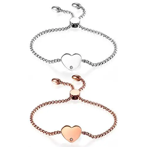Produktbild: JewelryWe Damen Herz Armband Verstellbar: 2pcs Edelstahl Damenarmband Hochglanz Poliert Herz Charm Armkette Armreif mit Strass Elegant Kettenarmband Schmuck Geschenk für Frau Mädchen. Rosegold Silber