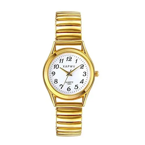 Produktbild: JewelryWe Damenuhr Armbanduhr Damen Elegant Analog Quarz Uhr mit Digital Zifferblatt und Elastisch Legierung Armband Gold