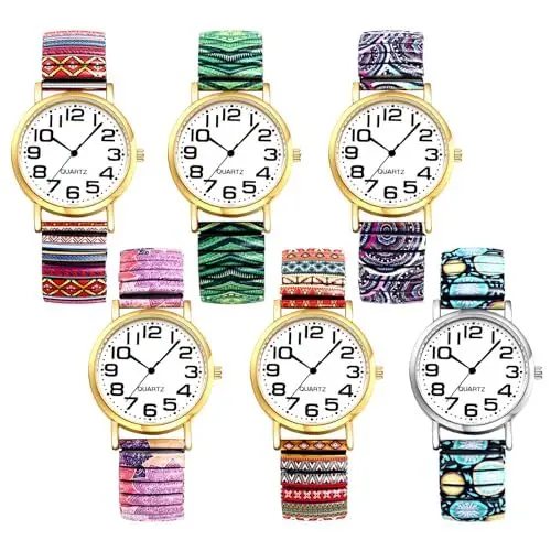 Produktbild: JewelryWe Damenuhr Boho Elastische Uhr: 6 Stück Bohemian Stil Farbenfrohe Designs Analog Quarz Armbanduhr Damen Edelstahl Stretch-Armband Senioren Uhr mit Zugarmband und Großen Zahlen