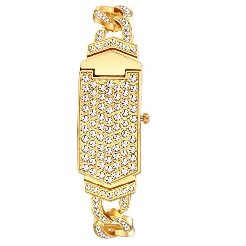 Produktbild: JewelryWe Damenuhr Elegant Analog Quarz Armbanduhr 30m wasserdichte Strass Rechteckig Beiläufige Damen Uhr mit Großer Panzerkette Metall-Armband Gold