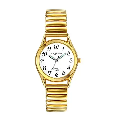 Produktbild: JewelryWe Damenuhr Elegant Analog Quarz Armbanduhr Damen Geschäfts Beiläufige Uhr mit Elastisch Metall-Armband und Leuchtenden Zeiger Gold