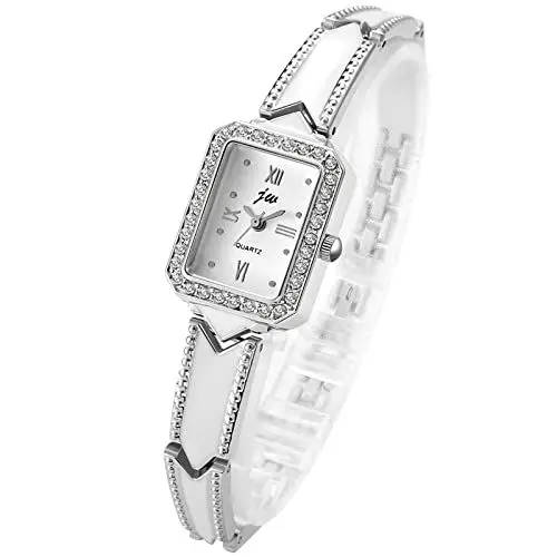 Produktbild: JewelryWe Damenuhr Elegant Analog Quarz Armbanduhr Damen Strass Rechteckig Römische Ziffern Beiläufige Uhr Spangenuhr mit Metall-Armband Silber