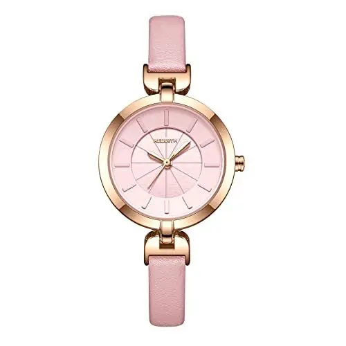 Produktbild: JewelryWe Damenuhr Elegant Analog Quarz Armbanduhr mit Schmal Echtleder Leder Armband Damen 30m Wasserdicht Lässige Uhr mit Dreidimensionalem Zifferblatt für Frauen Mädchen Rosa