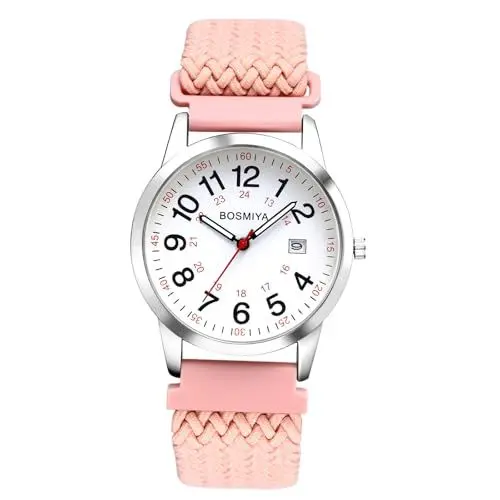 Produktbild: JewelryWe Damenuhr Herrenuhr Geflochten Elastisch: Kalender Analog Quarz Armbanduhr Damen Herren Rosa Gewebt Stretcharmband Senioren Uhr mit Stoffarmband & 12/24 Stunden Großen Zahlen Zifferblatt