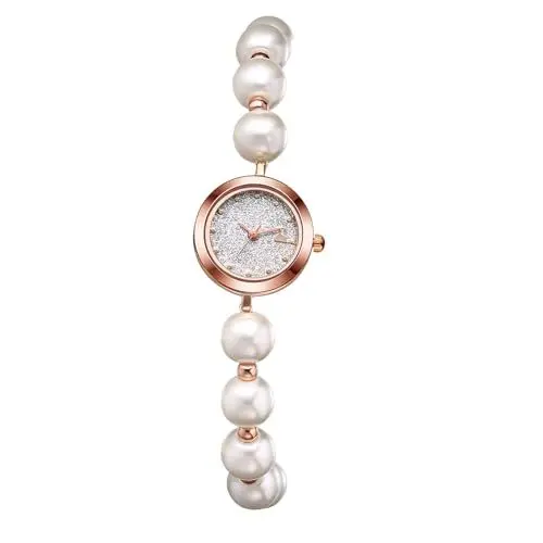Produktbild: JewelryWe Damenuhr Klein Perlen Uhr: Elegant Perlenuhr Analog Quarz Armbanduhr Damen Verstellbar Schmales Legierung Perlenarmband Ultradünne Uhr mit Sandgestrahlt Zifferblatt