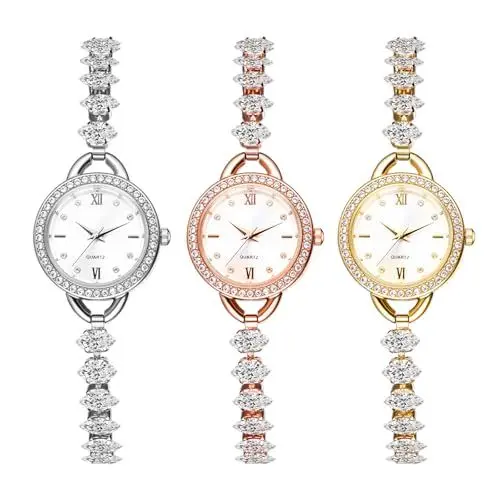Produktbild: JewelryWe Damenuhr Kleine Diamant Uhren: 3 Stück Glitzer Strass Analog Quarz Armbanduhr mit Schmalem Metallarmband Elegant Verstellbares Schmuckarmband Armkette mit Uhr Geschenk für Frauen Mädchen