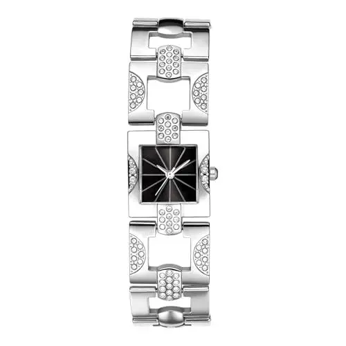 Produktbild: JewelryWe Damenuhr Kleine Quadratische Uhren: Glitzer Strass Analog Quarz Armbanduhr Damen Silber Metallarmband Kristalle Uhr mit Schwarz Eckigem Zifferblatt - Elegant Luxuriöses Geschenk für Frauen