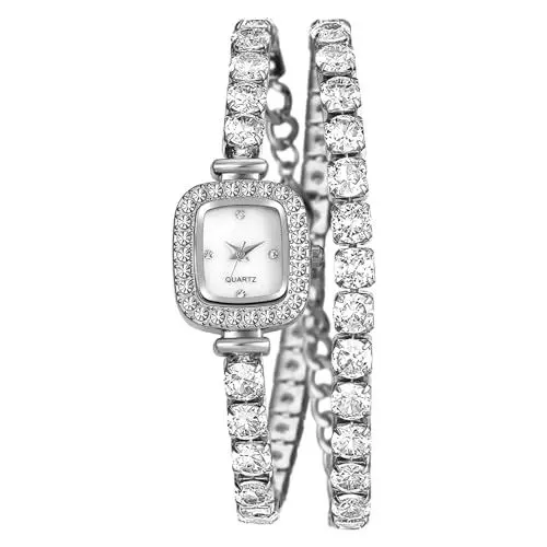 Produktbild: JewelryWe Damenuhr Quadratische Uhren mit Tennisarmband: Silber Glitzer Strass Analog Quarz Armbanduhr Damen Kleine Rechteckige Uhr mit Mehrreihig Tennis Armband - Verwandelbar als Choker Halskette