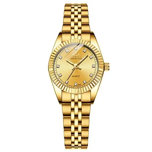 Produktbild: JewelryWe Damenuhr Quarz Analog Partner Freundschafts Armbanduhr Business Casual Edelstahl Armband Damen Uhr mit Beleuchtenden Zeiger und Strass rundem Zifferblatt, Geschenk für Frauen Mädchen, Gold