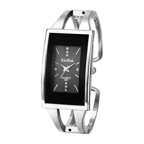 Produktbild: JewelryWe Damenuhr Rechteckig Armreif Uhr: Elegant Analog Quarz Armbanduhr Damen Silber Edelstahl Offen Armspange Armband Uhr Spangeuhr mit Schwarz Rechteck Zifferblatt