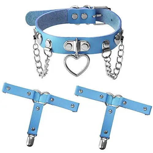 Produktbild: JewelryWe Damen Leder Halsband mit Beingurt: Blau Frauen Punk Gothic Herz Choker mit 2 Beingeschirr Strumpfband Gürtel Set Verstellbare Collar Halskette Oberschenkel Ring Beinwickel für Party Raves