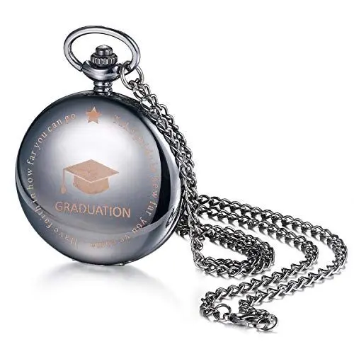 Produktbild: JewelryWe Graduierung Taschenuhr Schwarz Kettenuhr Analog Quarz Uhr mit Gravur Halskette Kette Umhängeuhr Graduierte Geschenk für Jungen Mädchen