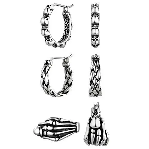 Produktbild: JewelryWe Halloween Creolen Ohrringe Silber: 3 Paar Edelstahl Geflochten Totenkopf Schädel Skelett Hand Klappcreolen Huggie Ohrringe Set Gothic Punk Ohrstecker Ohrschmuck für Herren Damen Unisex