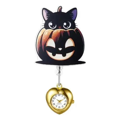 Produktbild: JewelryWe Halloween Krankenschwester Uhr Schwesternuhr: Gothic Schwarze Katze Kürbis Krankenschwesteruhr Herz Einziehbar Taschenuhr Analog Quarz Pflegeuhr Ansteckuhr für Damen Arzt