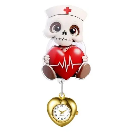 Produktbild: JewelryWe Halloween Krankenschwester Uhr Schwesternuhr: Gothic Skelett Pfleger Rot Herz mit EKG Herzschlag Krankenschwesteruhr Einziehbar Taschenuhr Analog Quarz Pflegeuhr Ansteckuhr für Damen