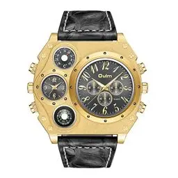 Produktbild: JewelryWe Herren Armbanduhr Analog Quarz Kompass Thermometer Zwei Zeitzonen Sport Uhr mit Leder Armband und großem Schwarz Digital Zifferblatt, Gold Gehäuse