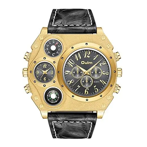 Produktbild: JewelryWe Herren Armbanduhr Analog Quarz Kompass Thermometer Zwei Zeitzonen Sport Uhr mit Leder Armband und großem Schwarz Digital Zifferblatt, Gold Gehäuse