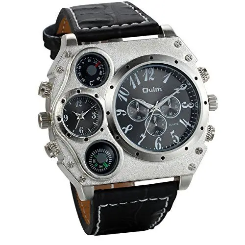 Produktbild: JewelryWe Herren Armbanduhr Analog Quarz Kompass Thermometer Zwei Zeitzonen Sport Uhr mit Schwarz Leder Armband und großem Digital Zifferblatt, Silber Gehäuse