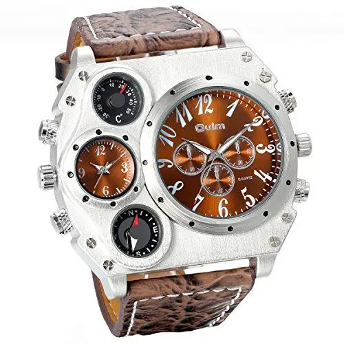 Produktbild: JewelryWe Herren Armbanduhr, Leder Legierung, Analog Quarz Kompass Thermometer Armband Uhr, Braun Leder Armband mit Braun Zifferblatt