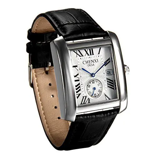 Produktbild: JewelryWe Herren Armbanduhr, Retro Kalender Analog Quarz Uhr mit Rechteckig Römischen Ziffern Zifferblatt und Leder Armband, Farbe: Schwarz