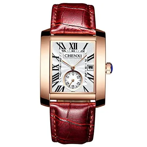 Produktbild: JewelryWe Herren Armbanduhr, Retro Kalender Analog Quarz Uhr mit Weiß Rechteckig Römischen Ziffern Zifferblatt und Braun Leder Armband