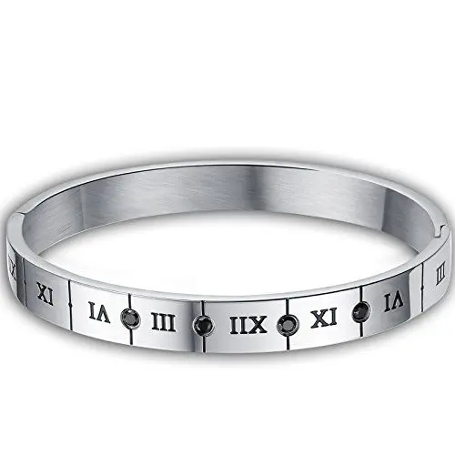 Produktbild: JewelryWe Herren Armreif Edelstahl Armband: Klassiker Römische Zahlen Ziffern Zirkonia Diamant Armspange Männer Freundschaftsarmband mit Gravur Schwarz Silber