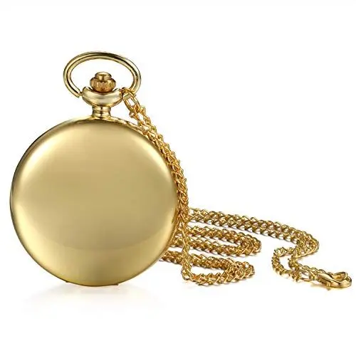 Produktbild: JewelryWe Herren Damen Taschenuhr Classic Glänzend Kettenuhr Analog Quarz Uhr mit Halskette Kette Umhängeuhr Pocket Watch Geschenk Gold