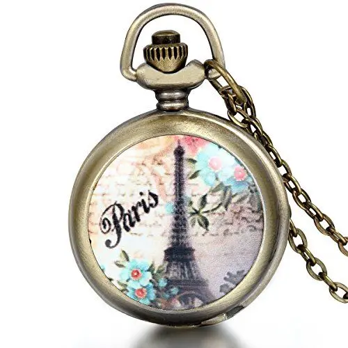 Produktbild: JewelryWe Herren Damen Taschenuhr, Paris Eiffelturm schöne Blumen Uhr Anhänger Analog Quarz Kettenuhr Pullover Halskette Kette, Mehrfarbig