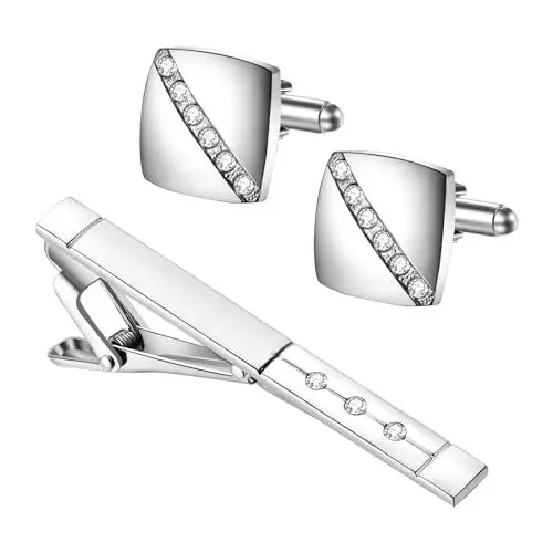 Produktbild: JewelryWe Herren Krawattenklammer und Manschettenknöpfe Set: 3er Business Hemd Krawattennadel Manschettenknopf Cufflinks Tie Clips mit Zirkonia für Hochzeit Smoking Party Geschäftstreffen Silber