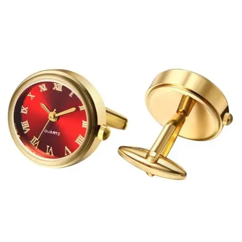 Produktbild: JewelryWe Herren Uhren mit Manschettenknöpfen Taschenuhr: Gold Analog Quarz Manschettenknopfuhr Rot Runde Römische Ziffern Zifferblatt Uhr Cufflink Watch Geschenk für Männer