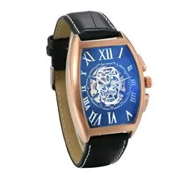 Produktbild: JewelryWe Herrenuhr Analog Automatik Uhr Automatische Mechanische Leder Band Totenkopf Schädel Skelett Armbanduhr Automatikuhr mit Rechteckig Römischen Ziffern Zifferblatt, Rosegold