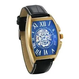 Produktbild: JewelryWe Herrenuhr Analog Automatik Uhr Automatische Mechanische Leder Band Totenkopf Schädel Skelett Armbanduhr Automatikuhr mit Rechteckig Römischen Ziffern Zifferblatt, Gold