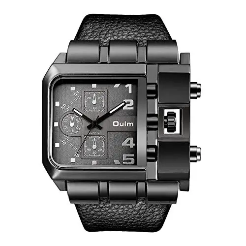 Produktbild: JewelryWe Herrenuhr Analog Quarz Casual Armbanduhr Männer Leder Armband Militäruhr Sport Uhr mit Groß Quadrat Zifferblatt Schwarz