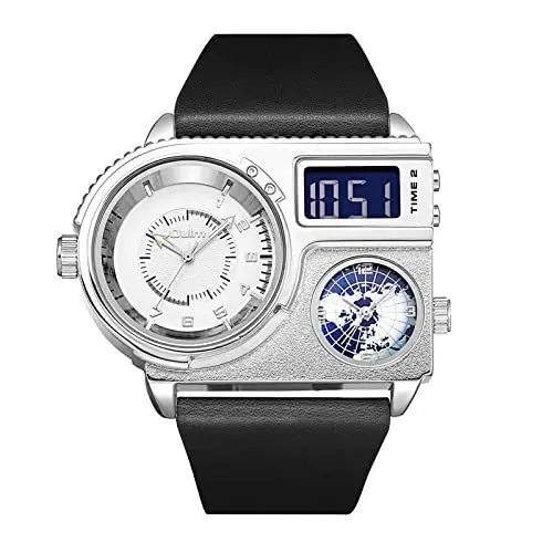 Produktbild: JewelryWe Herrenuhr Analog Quarz DREI Zeitzone Armbanduhr Männer Leder Armband Einzigartige Übergroße Uhr Sportuhr mit Dual Display Zifferblatt Silber